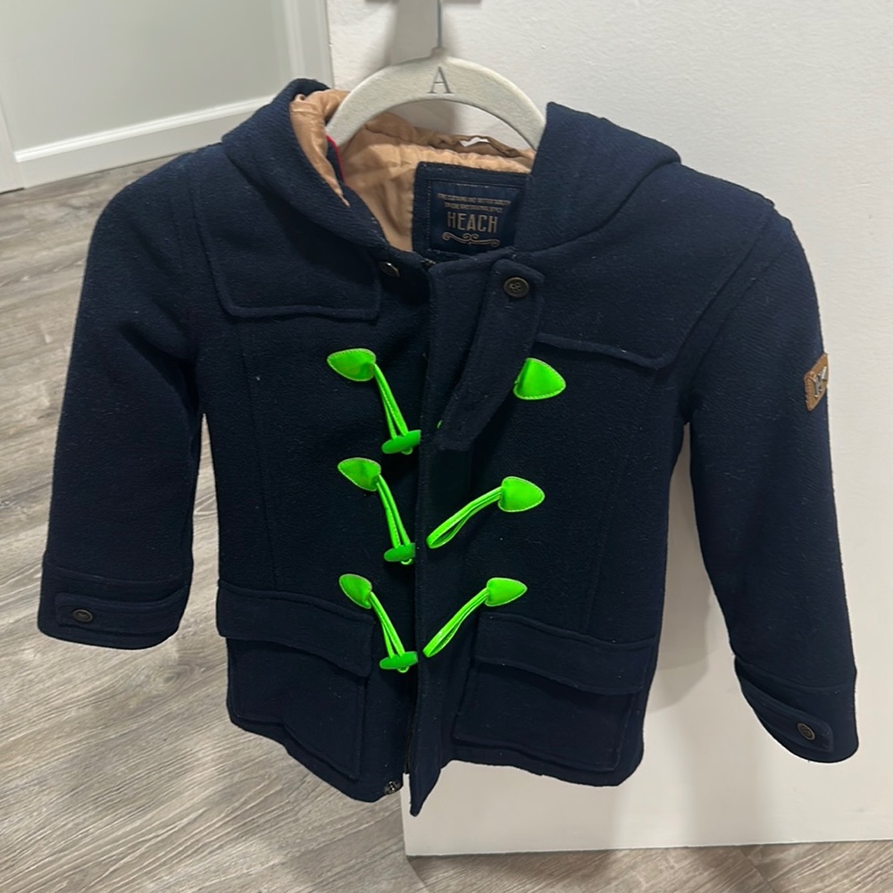 Size 6 boys navy blue pea coat with neon green toggles